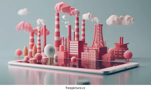 A digital illustration of a factory on a tablet screen