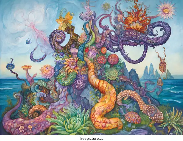 Watercolor Painting of Imaginary Sea Life