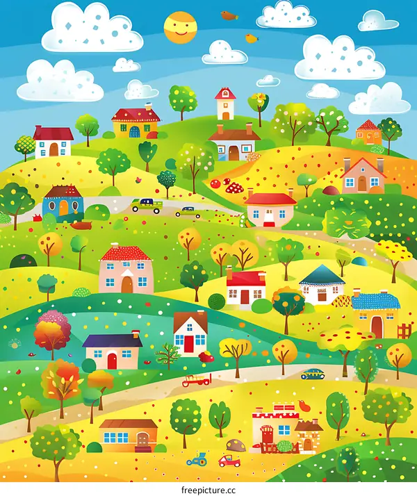 Cartoon Illustration Of A Small Village With Houses, Trees And Cars