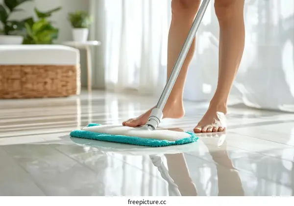 Woman Mopping the Floor in a Modern Home