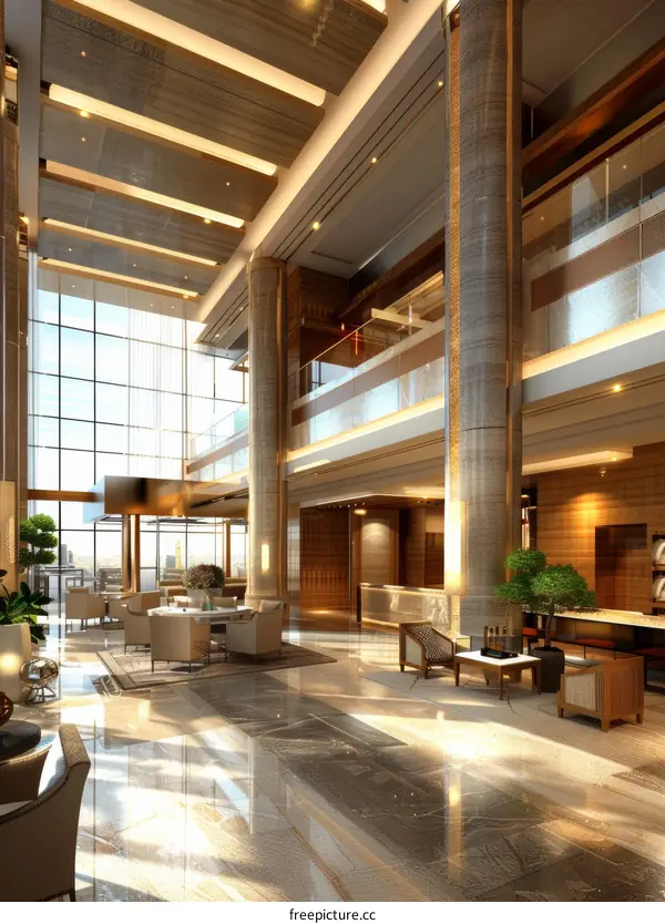 Modern Luxury Hotel Lobby Interior Design with Large Windows