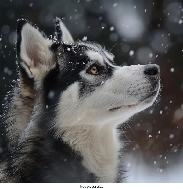 Siberian Husky Looks Up at Snow