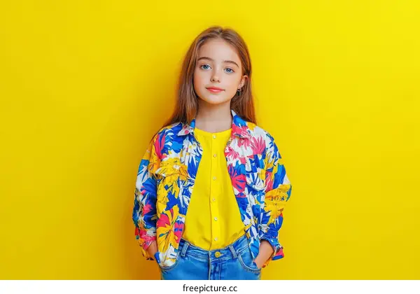 Colorful Stylish Girl Portrait Against Yellow Background