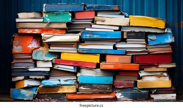 A large stack of old, discarded books with blue background