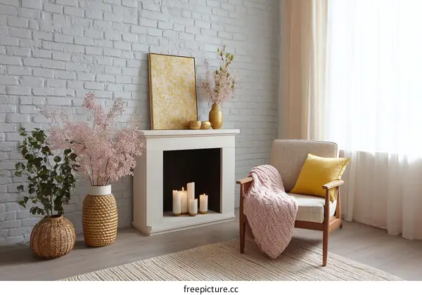 Cozy Living Room with Fireplace and Decorative Vases