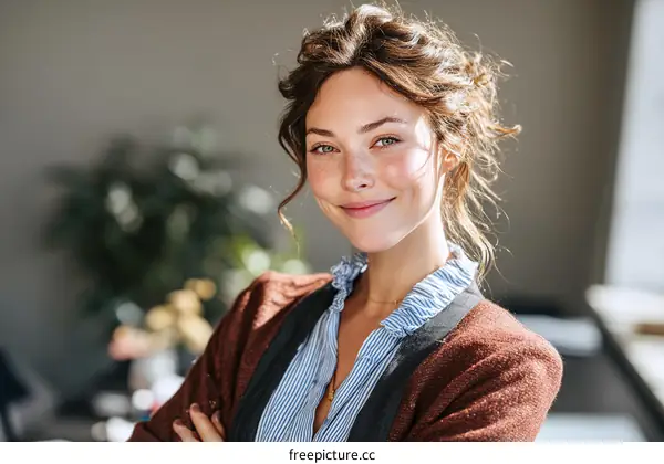 Portrait of Young Woman with Messy Hair in Casual Office Setting