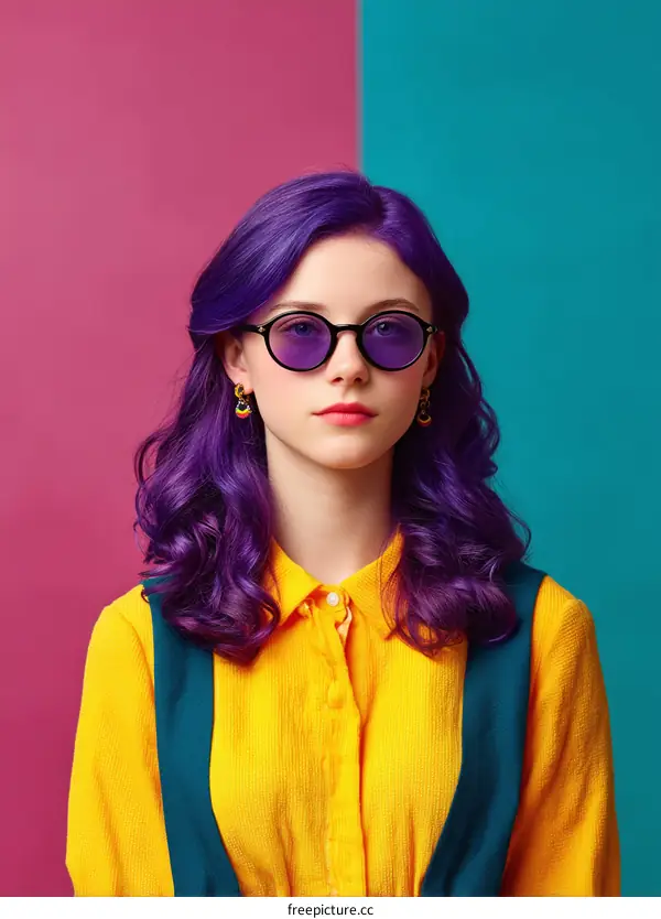 Stylish Woman with Vibrant Purple Hair and Sunglasses