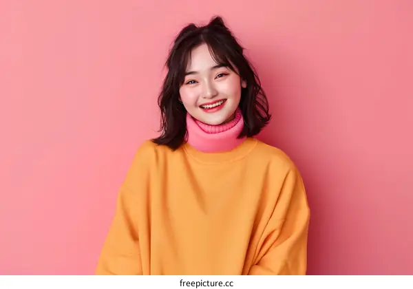 Smiling Asian Woman Wearing a Yellow Sweatshirt on a Pink Background