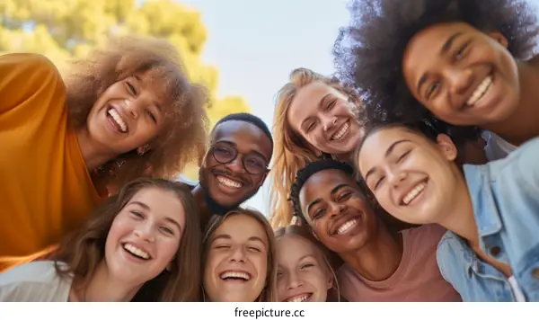 Cheerful Multiethnic Friends Leaning in for a Group Selfie
