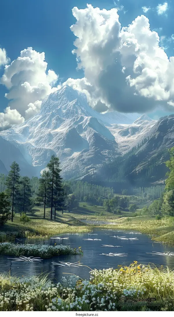 Majestic Mountain Landscape with River and Wildflowers