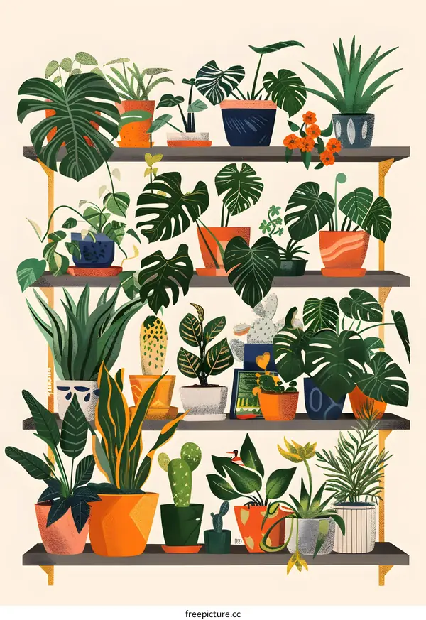 Illustrated Collection of Indoor Plants in Pots on a Shelf