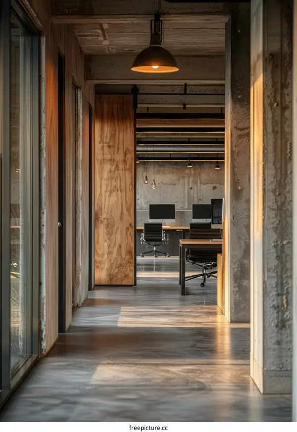 Modern Concrete Office Interior with Wooden Floor