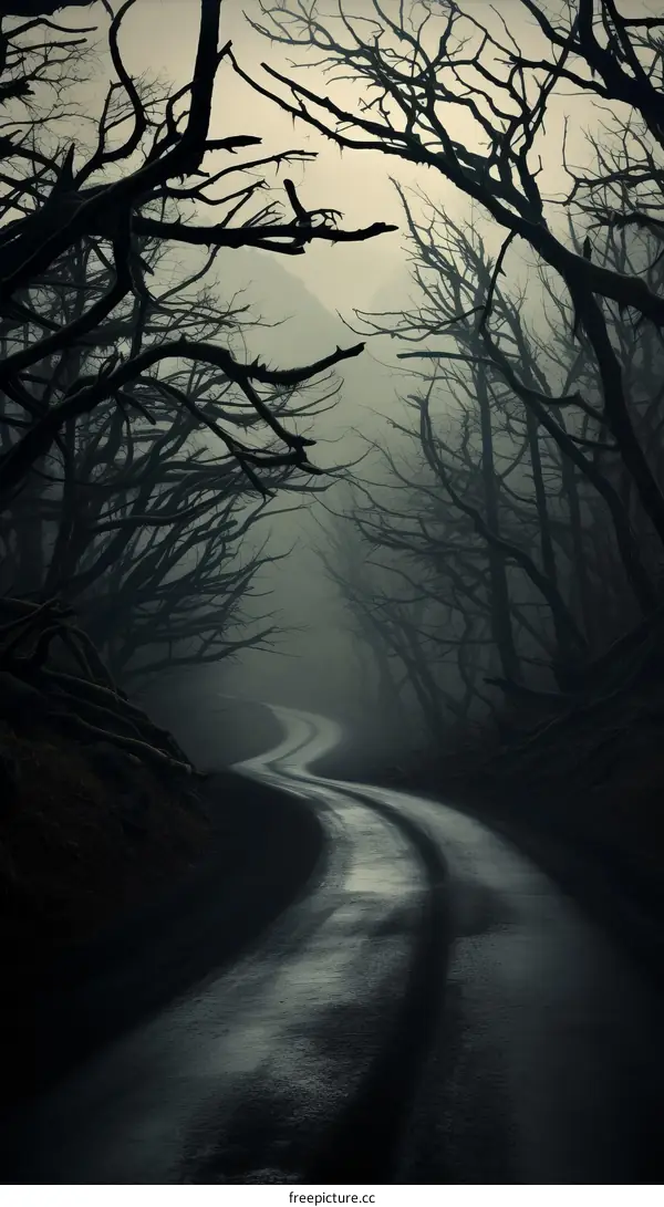 Road through a dark and foggy forest
