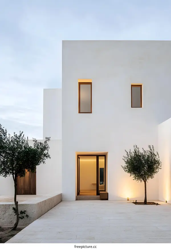 Minimalist White House With Olive Trees And Patio