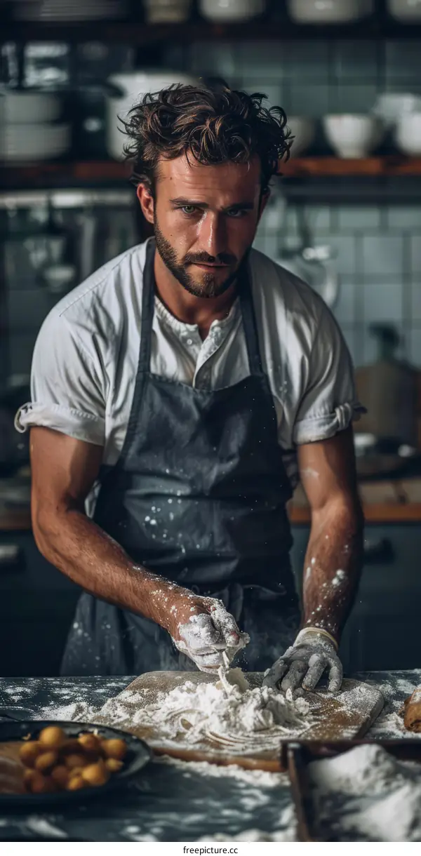 Portrait of a male chef covered in flour while preparing dough