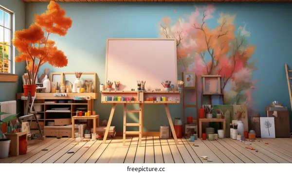 Creative Art Studio with Supplies and Large Painting