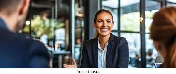 Businesswoman smiling and talking to colleagues in a meeting