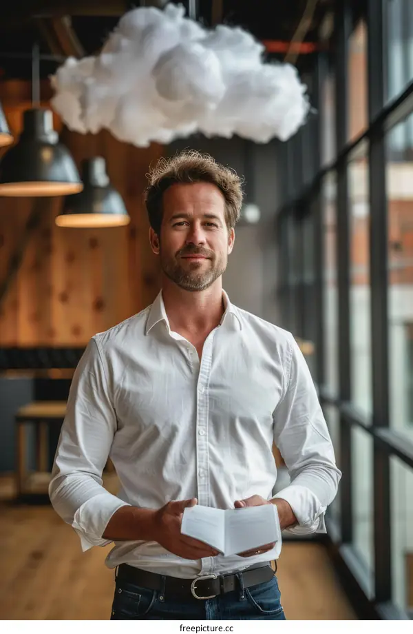 Confident businessman standing in front of windows holding a notebook