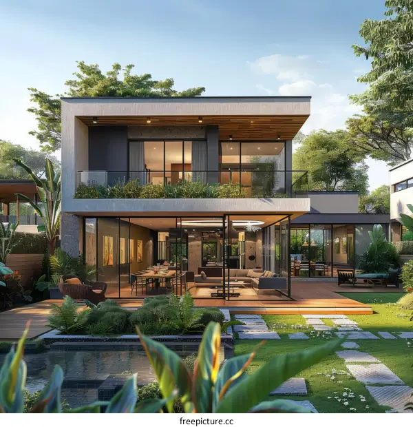 A stunning modern house with a pool and a garden