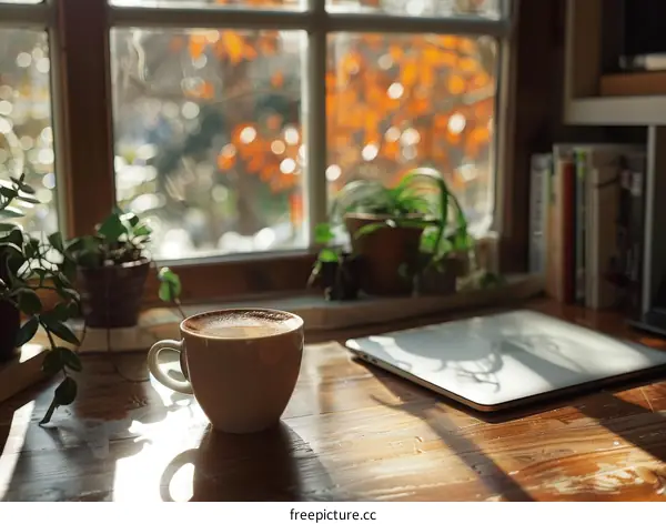 Cozy morning with coffee and laptop on a wooden table by the window