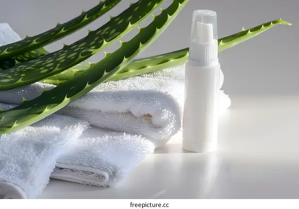 Aloe Vera Plant with Towel and Lotion on White Surface