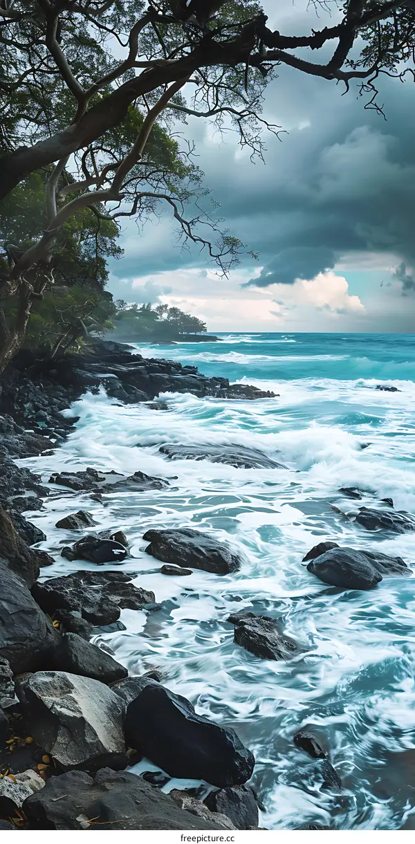 Ocean Waves Crashing on Rocky Shore