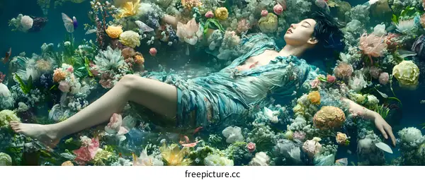 Woman Floating in a Sea of Flowers
