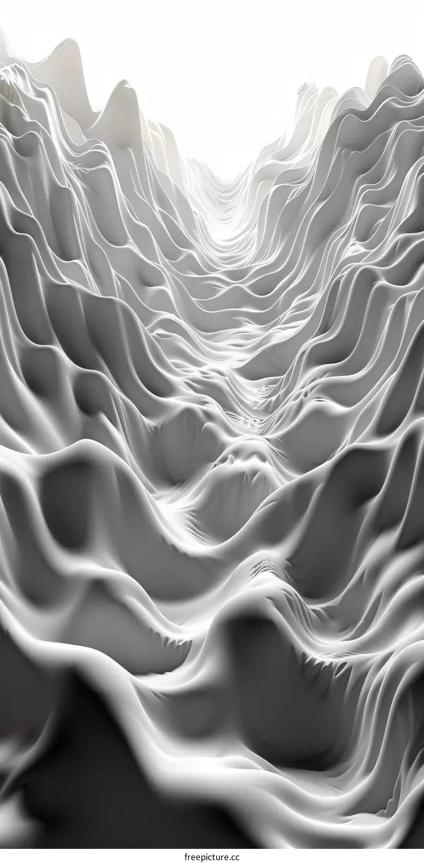 Black and white abstract 3D rendering of a mountainous landscape