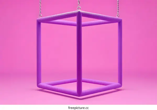 Purple Cube Frame Hanging On Chains Against A Pink Background