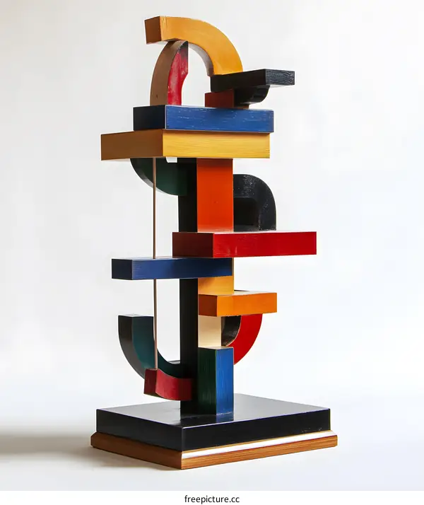 Abstract Wooden Sculpture with Colorful Geometric Shapes