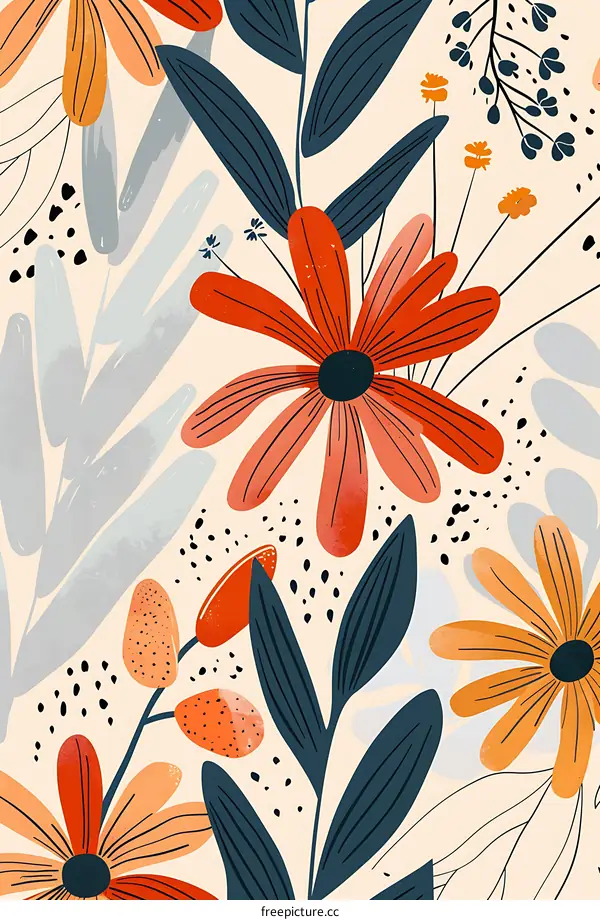 Floral Pattern With Red, Orange, and Blue Flowers