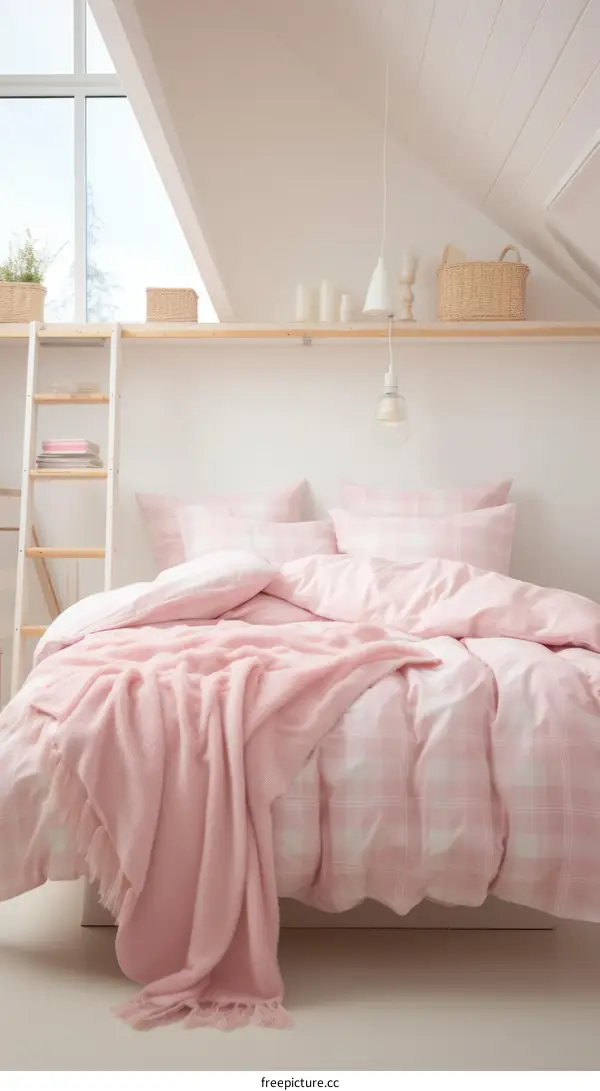 Plaid bedding creates a cozy pink and white bedroom