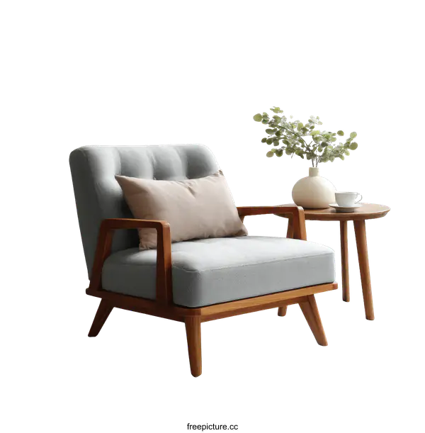 [Transparent Background PNG]Modern Wooden Armchair with Light Gray Fabric