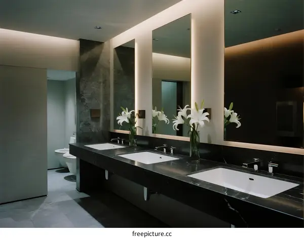 Modern bathroom with white sinks and large mirrors