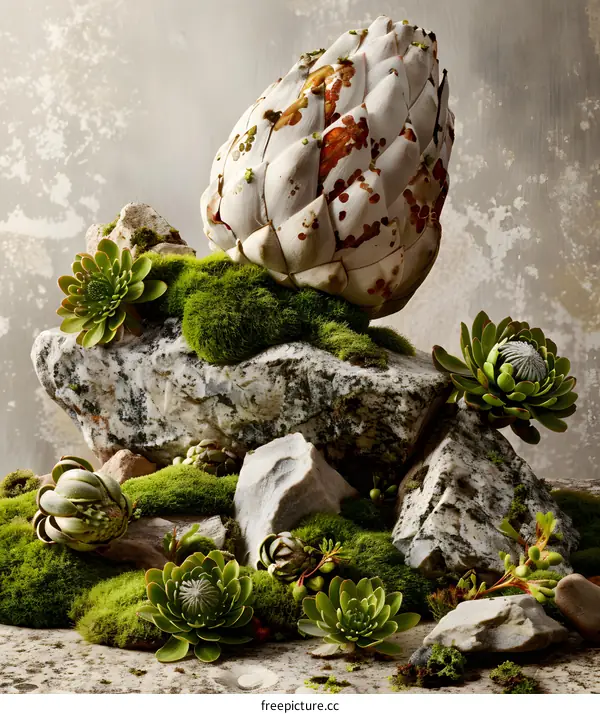 Green Succulents and Mossy Rocks Arrangement