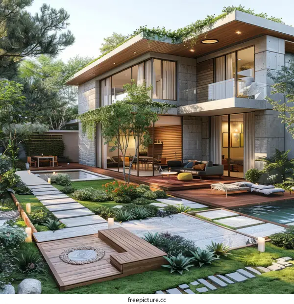 Courtyard house with natural elements and contemporary design