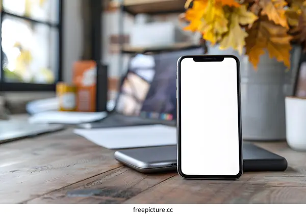 Blank Screen Smartphone on a Wooden Desk