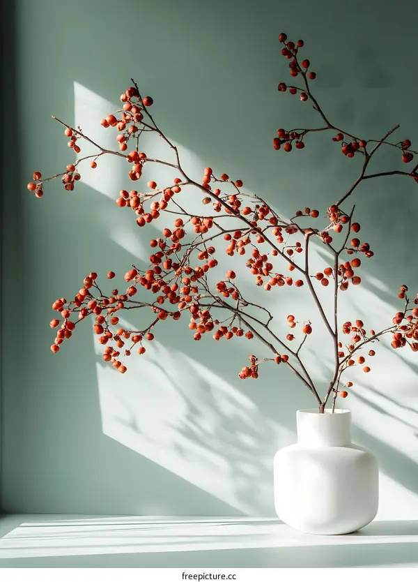 White Vase with Red Berries and Shadow Against a Green Wall