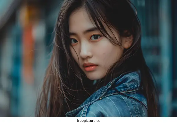 Portrait of a Young Asian Woman in a Denim Jacket