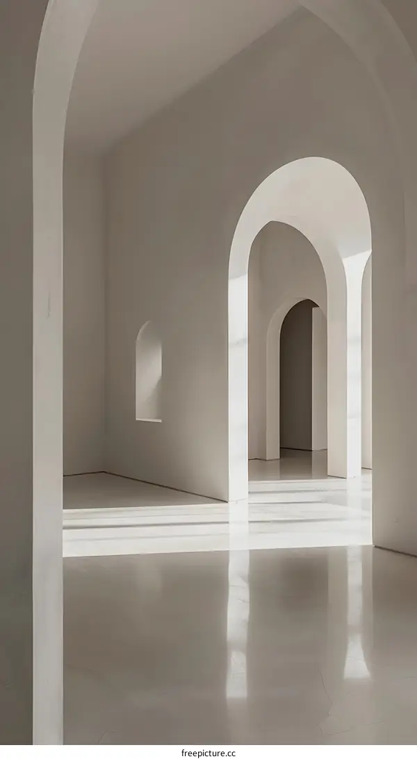 White Interior With Archways And Sunlight
