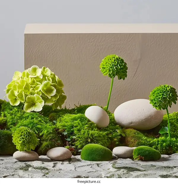 Green Flowers and Stones on Moss Background