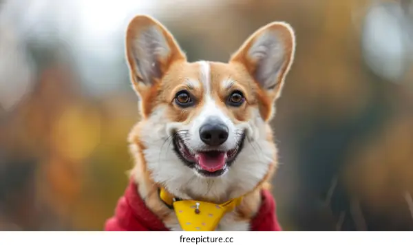 A happy corgi dog wearing a red sweater and a yellow bow tie
