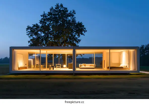 Modern Glass House with Minimalist Design in a Field at Dusk