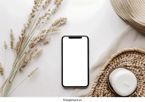 White Smartphone on Minimalist White Background with Dried Flowers and Wicker