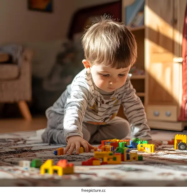 Little Boy Playing with Building Blocks on Floor