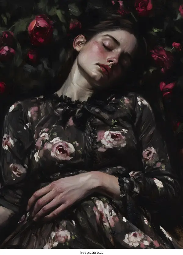 Woman Sleeping Amongst Roses Oil Painting