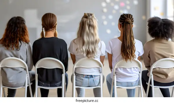 Back view of diverse women sitting in chairs