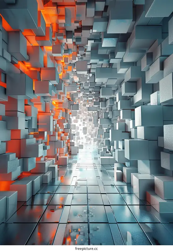 Glowing Orange Cubes in a Futuristic Sci-Fi Tunnel