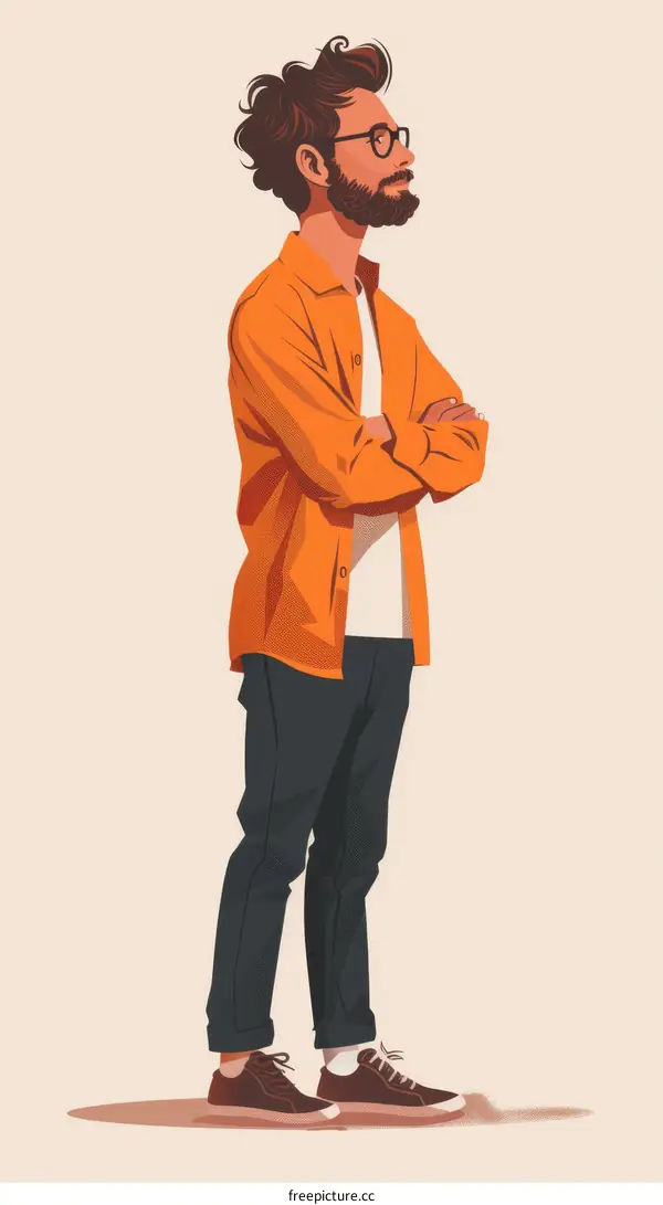 A man with beard wearing glasses and orange shirt