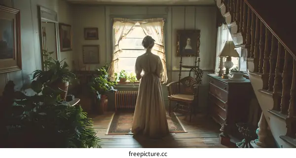 woman in white dress standing in front of window in old house
